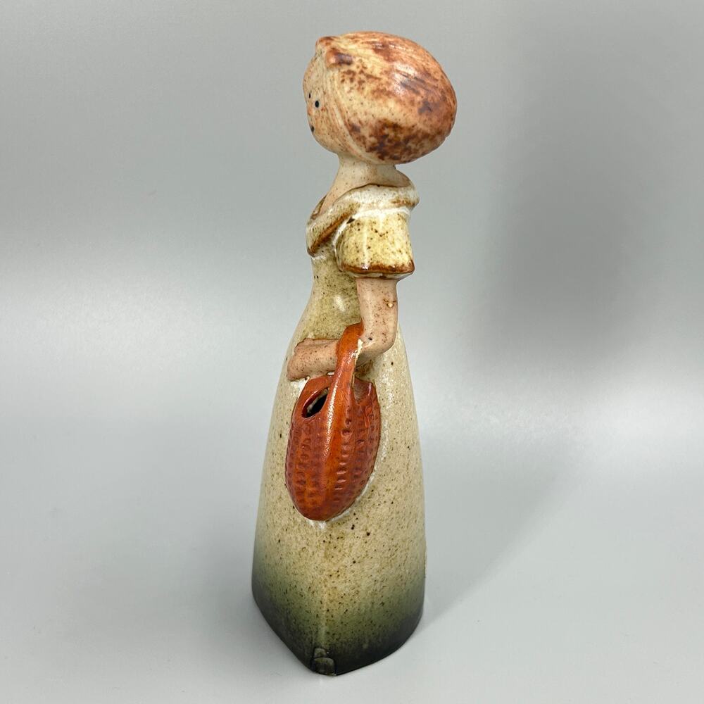 Vtg 70’s Speckled Stoneware Woman Carrying Basket Flower Vase Figurine Japan Mad - Picture 4 of 9